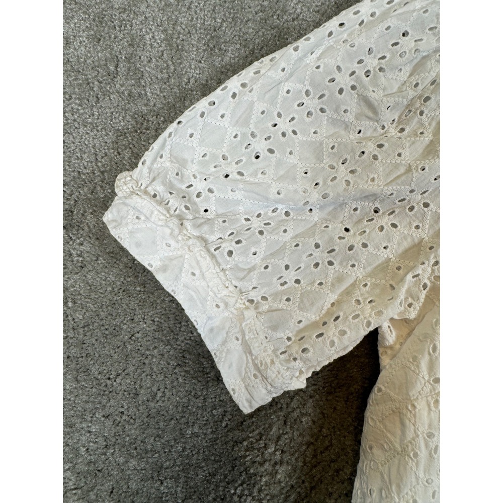 Draper James White Eyelet V-Neck Puff Sleeve Cotton Blouse XL - Picture 8 of 9